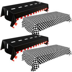 two tables with black and white checkered tablecloths