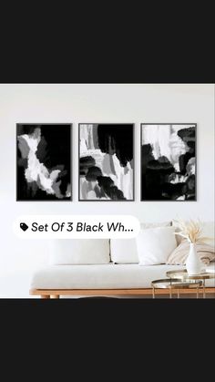 three black and white paintings hanging on the wall above a couch in a living room