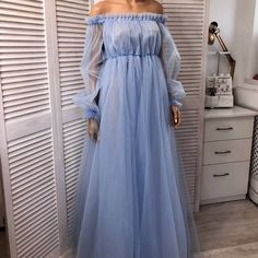 Dusty blue maternity dress for photo shoots and baby shower with long sleeves and off shoulders 😍 Elegant Blue Floor-length Maternity Dress, Blue Long Sleeve Maternity Dress For Wedding, Blue Tulle Maternity Gown, Blue Tulle Maternity Dress For Wedding, Blue Maternity Dress For Spring Wedding, Spring Blue Maternity Dress For Wedding, Spring Wedding Maternity Dress In Blue, Spring Wedding Blue Maternity Dress, Long Maternity Dress