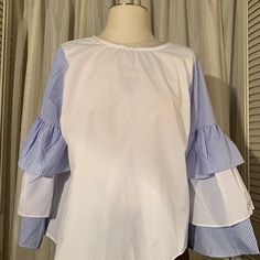 Beautiful White Blouse With Stripe Blue & White Bell Sleeves And Black Ties In Back Light Blue Cotton Blouse For Brunch, Blue Ruffled Shirt For Summer, Blue Cotton Blouse For Brunch, Black Ties, Puffy Sleeves, White Blouse, Black Tie, Blue Stripes, White Blue