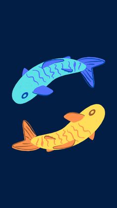 two colorful fish swimming in the dark blue water, one is yellow and the other is orange