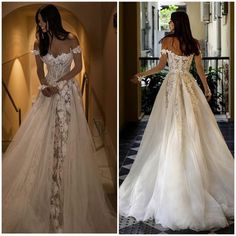 two pictures of women in wedding gowns one is wearing an off the shoulder dress