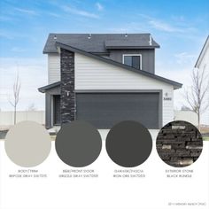 the exterior of a house with different shades of grays and browns in front of it