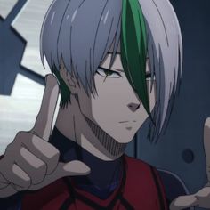 an anime character with green hair giving the peace sign while pointing to his left side