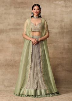 Aisha Rao | Blue & Yellow Embellished Lehenga Set | INDIASPOPUP.COM Green Chiffon Skirt, Skirt Cape, Orang India, Cape Lehenga, Cape Set, Ridhi Mehra, Nikkah Dress, Gaun Fashion, Embroidered Crop Tops