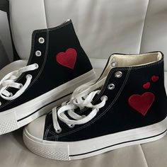 High Top Black “Converse”, Patches Put On By Me, And Patches Heat Pressed And Material Glued On, (Never Worn) Hearts Converse, Heart Converse, Sincerly Jules, High Top Converse, Royal Clothing, Heart Shoes, Sincerely Jules, Black Converse, Black High Tops