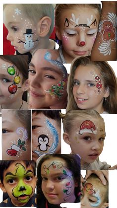 a collage of photos with different face paint designs on children's faces and noses