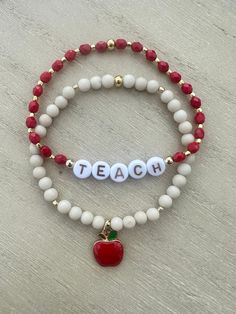 Teacher Bracelet Set! Gift for Teacher and Teacher Appreciation. One red and gold bracelet that can be customized with your teacher's name or standard lettering including "TEACH" "LEARN" or "INSPIRE" and a coordinating neutral gemstone bracelet with a Red Apple charm. Wonderful gift for your student's favorite teacher. Great gift for a graduate with a teaching degree. Gift for Educator. DESCRIPTION: * Red 4mm Czech Fire Polish beaded bracelet with gold accents with your choice of lettering or pe Teacher Bead Bracelet, Teacher Friendship Bracelet, Degree Gift, Teacher Bracelet, Teacher Jewelry, Teaching Degree, Clay Bracelets, Bracelet Keychains, Bracelet Inspo