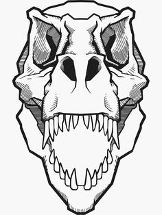 a black and white drawing of a dinosaur's head with sharp teeth on it