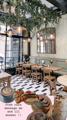 an image of a restaurant setting with donuts on the table and other food items