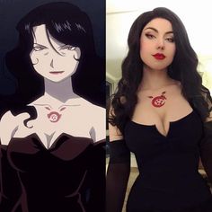 an animated woman with long black hair and red lips, wearing a black corset