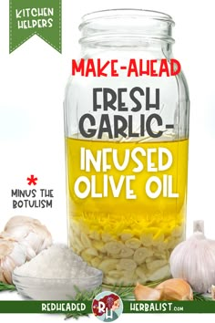 a jar filled with fresh garlic next to other ingredients