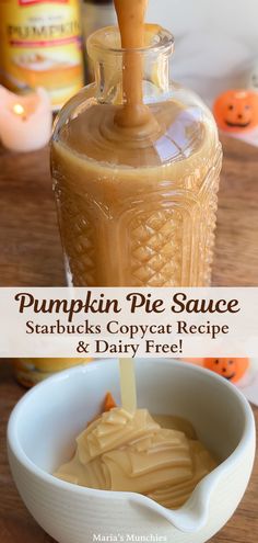 pumpkin pie sauce is being poured into a bowl