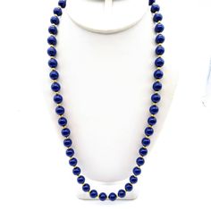 Navy Blue Beaded Necklace, Vintage Lucite Beads with Gold Tone Spacers Size * 24" Condition * Very nice condition, gently used. Size: Womens 24" Condition: Pre-Owned Good Blue Single Strand Pearl Necklace For Formal Occasions, Formal Blue Single Strand Pearl Necklace, Formal Blue Single Strand Beaded Necklace, Blue Beaded Pearl Necklace With Round Beads, Blue Pearl Necklace With Faceted Beads, Blue Pearl Necklace With Beaded Chain, Blue Polished Pearl Necklace, Blue Beaded Necklace, Vintage Lucite