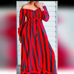 Black And Red Striped Maxi Dress Small 4-6 Medium 8-10 Large 12-14 Striped Long Sleeve Maxi Dress For Party, Chic Striped Maxi Dress For Fall, Fall Chic Striped Maxi Dress, Red Long Sleeve Lined Dress, Red Maxi Dress For Fall Night Out, Casual Red Maxi Dress For Party, Casual Red Maxi Dress For Night Out, Casual Red Lined Maxi Dress, Striped Maxi Dress