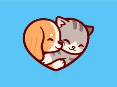 a cat and dog hugging each other in the shape of a heart on a blue background