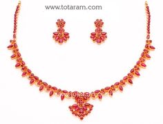 22 Karat Gold Ruby Necklace & Drop Earrings Set with intricate workmanship. 
    Note: We can make this same design with Emeralds, Bule Saphire 
  or in any other colored stone of your choice for the same price. - 235-GS897 - in 35.300 Grams for USD $3259.09. 
Made in India by Totaram Jewelers Online this product is in Gold - 22 Karat BIS Hallmark 916 KDM Gold  & is an excellent gift for Adult - Women. Ships fully insured with secured guaranteed delivery for free with your order over $25 Haaram Designs, Emerald Necklaces, 22 Karat Gold Jewelry, Heavy Jewelry, Gold Ruby Necklace, Gold Jhumka, Short Necklaces, 22k Gold Necklace, Gold Jhumka Earrings