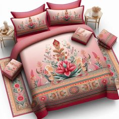 a bed covered in pink and red comforters