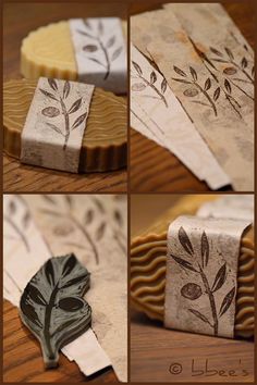 four pictures of different types of soaps with leaves and branches on them, one is made out of wax paper