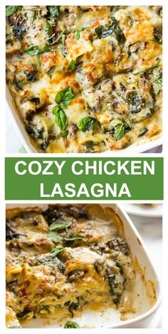 two pictures of chicken lasagna with cheese and spinach on top, in a casserole dish