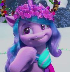 a purple pony with blue hair wearing a tiara and flowers on her head, standing in the snow