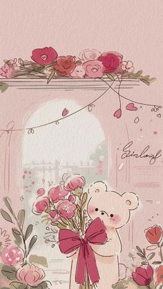 a painting of two teddy bears with flowers on the ground and one bear holding a bouquet of roses