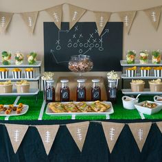 a football themed party with food and snacks