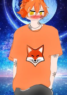 an orange shirt with a fox on the chest and stars in the sky behind it