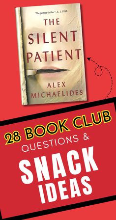 the book club questions and snack ideas are featured in front of a red background with an arrow