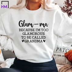 Glamma Shirt, Grandma Gift Birthday, Grandmother Shirt for Baby Shower, Glamma Gifts, Mother's Day Shirt for Grandma, New Grandma Sweater  🌟 Please make sure you chose your desired style from the drop down menu and review the size chart to ensure you are ordering the best item from you. Most listings have various styles (Short Sleeve Crewneck T-Shirt, Short Sleeve V-Neck, Sweatshirts, Hoodies, Long-sleeve T-Shirt). Please make sure you are ordering your preferred style. The listing profile pict White Slogan Top For Mother's Day, White Sweatshirt With Name Print For Birthday, White Tops With Lettering For Mother's Day, White Sweatshirt For Mother's Day, Slogan Tops For Mother's Day Gift, Mother's Day Slogan Top As Gift, White Letter Print Sweatshirt For Birthday, White Tops With Name Print For Gift, White Letter Print Top As A Gift