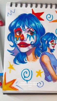 a drawing of a girl with blue hair and clown make - up on her face