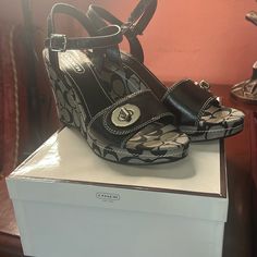 Coach Wedge Logo Platforms Color Black/Gray Size 8 1/2 Heel 3 3/4 Inches With 1 Inch Platform Brand New With Tags Pink Platform Sandals, Pink Platforms, Uniqlo Bags, Platform Wedge Heels, Leather Platform Sandals, Swim Shoes, Size 11 Heels, Platform Ankle Boots, White Sandals