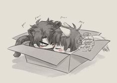 an anime character laying in a box with his head on another person's shoulder