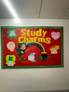 a poster on the wall that says study charms and features images of shamrocks, lepreti