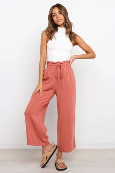 Paperbag Waist Straight Leg Cropped Pants Day Out Pants With Elastic Paperbag Waist, Spring Wide Leg Parachute Pants For Day Out, Spring Day Out Wide Leg Parachute Pants, Casual Wide Leg Pants With Paperbag Waist For Work, Casual Paperbag Waist Pants For Spring, Casual Spring Pants With Paperbag Waist, Casual Spring Paperbag Waist Pants, Summer Wide Leg Parachute Pants For Day Out, Wide Leg Parachute Pants For Summer Day Out