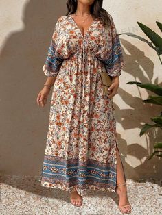 Style:Boho \nSleeve Type:Batwing Sleeve \nType:A Line \nNeckline:Deep V Neck \nDetails:Drawstring \nWaist Line:High Waist \nHem Shaped:Slit \nColor:Multicolor \nPattern Type:Floral \nPattern Type:Tribal \nPattern Type:Plants \nPattern Type:All Over Print \nSleeve Length:Three Quarter Length Sleeve \nLength:Maxi \nFit Type:Regular Fit \nFabric:Non-Stretch \nMaterial:Fabric \nComposition:100% Viscose \nCare Instructions:Machine wash or professional dry clean \nSheer:No \n Maxi Casual Dress, Casual Dresses Plus Size, Long Sleeve Print Dress, Fabric Floral, Maxi Dresses Casual, Batwing Sleeve, Crochet Ideas, Primavera Estate, Dress P