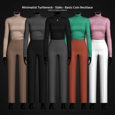 four different colored women's outfits with long sleeves and high necked tops, all in