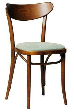 a wooden chair with a blue cushion on the seat and backrest, against a white background