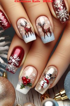 Christmas Floral Nails, Winter Dip Nail Ideas, Christmas Nails Tips, Christmas Movie Nails, Snowman Nails Design, Christmas Nails 2024, Pre Christmas Nails, Rudolph Nails