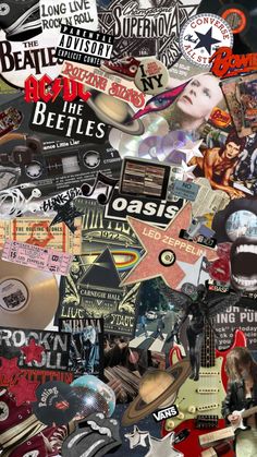 a collage of various stickers and decals from the beatles to rock'n'roll