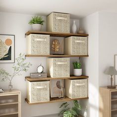 the shelves are filled with baskets and plants