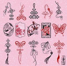 a pink background with many different designs on it