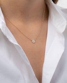 14k solid gold and pave diamond disc on an adjustable 16''-18'' dainty cable link chain, in your choice of yellow, white, and rose gold. Dainty and perfect by itself or layered, wear it day or night, up or down. Size of Disc: Approx. 6mm Diamond Carat Weight: Approx. 0.12 ctw Diamond Quality: VS Total Weight: Approx. 2 grams Standard Production: 3-6 business days Rush Order Production: 1-3 business days Shipping: Select shipping method at checkout.2-Day Shipping and Overnight shipping available Diamond Circle Necklace, It Day, Gold Bead Bracelets, Circle Diamond, Disc Necklace, Diamond Carat, Circle Necklace, Necklace Sizes, Etsy Fashion