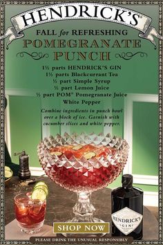 the flyer for henderick's pomegranate punch is displayed on a table