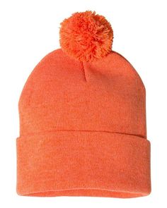 Pom-Pom 12" Knit Beanie - HEATHER ORANGE - ONE SIZE | Sportsman Pom-Pom 12" Knit Beanie Hat in Heather Orange | Acrylic Mens Beanie, Embroidered Monogram, Knit Beanie Hat, Pom Beanie, Leather Patches, Knit Cuff, Striped Knit, Knit Beanie, Keep Warm