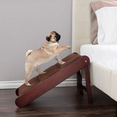 a small pug dog standing on top of a wooden object in front of a bed