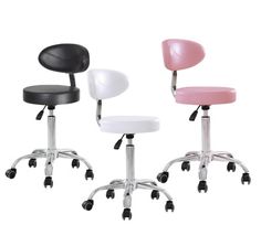 three office chairs with wheels on each side and one chair up against the other, all in different colors