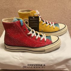 Jw Anderson X Converse Chuck Taylor All Star 70 Hi Glitter Yellow Red New In Box. Men’s Size 5.5, Women’s Size 7.5. Unisex Shoe. Color Is Red, Yellow And Turquoise Glitter Paneled Shoe. Brand New Never Worn And Kept Inside The Original Box Inside The Dust Bag. Slight Yellowing On The Outside Rubber. Never Worn. Comes With 2 Pairs Of Laces. One White Pair And One Special Blue Glitter Pair. Limited Edition. No Trades. All Offers Please Use The Button. Converse Ideas, Converse All Star Mens, Cute Converse Shoes, All Black Converse, Converse Chuck Taylor 70, Converse Star Player, Converse Aesthetic, Cute Converse, Yellow And Turquoise