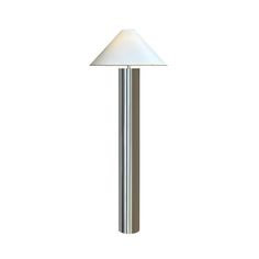 a lamp that is sitting on top of a metal pole with a white shade over it