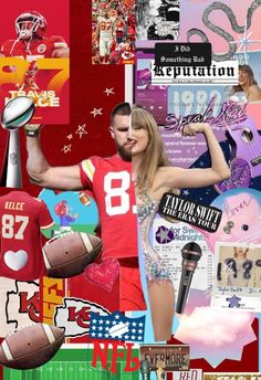 a collage of sports related items including football jerseys, microphone and american flag